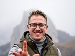 Outdoor candid headshot of Dr Connor Robertson smiling in greenery