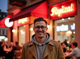 Outdoor candid portrait of Dr Connor Robertson smiling with cafe background