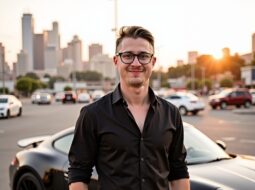 Outdoor daylight photo of Dr Connor Robertson smiling in parking setting