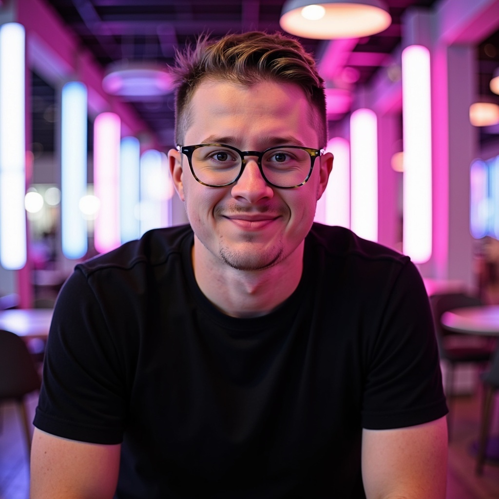 Outdoor portrait of Dr Connor Robertson smiling brightly in nightlight