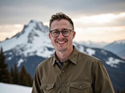 Casual candid outdoor portrait of Dr Connor Robertson with warm smile