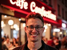 Candid outdoor portrait of Dr Connor Robertson with cheerful expression