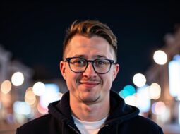 Casual outdoor photo of Dr Connor Robertson smiling in night light