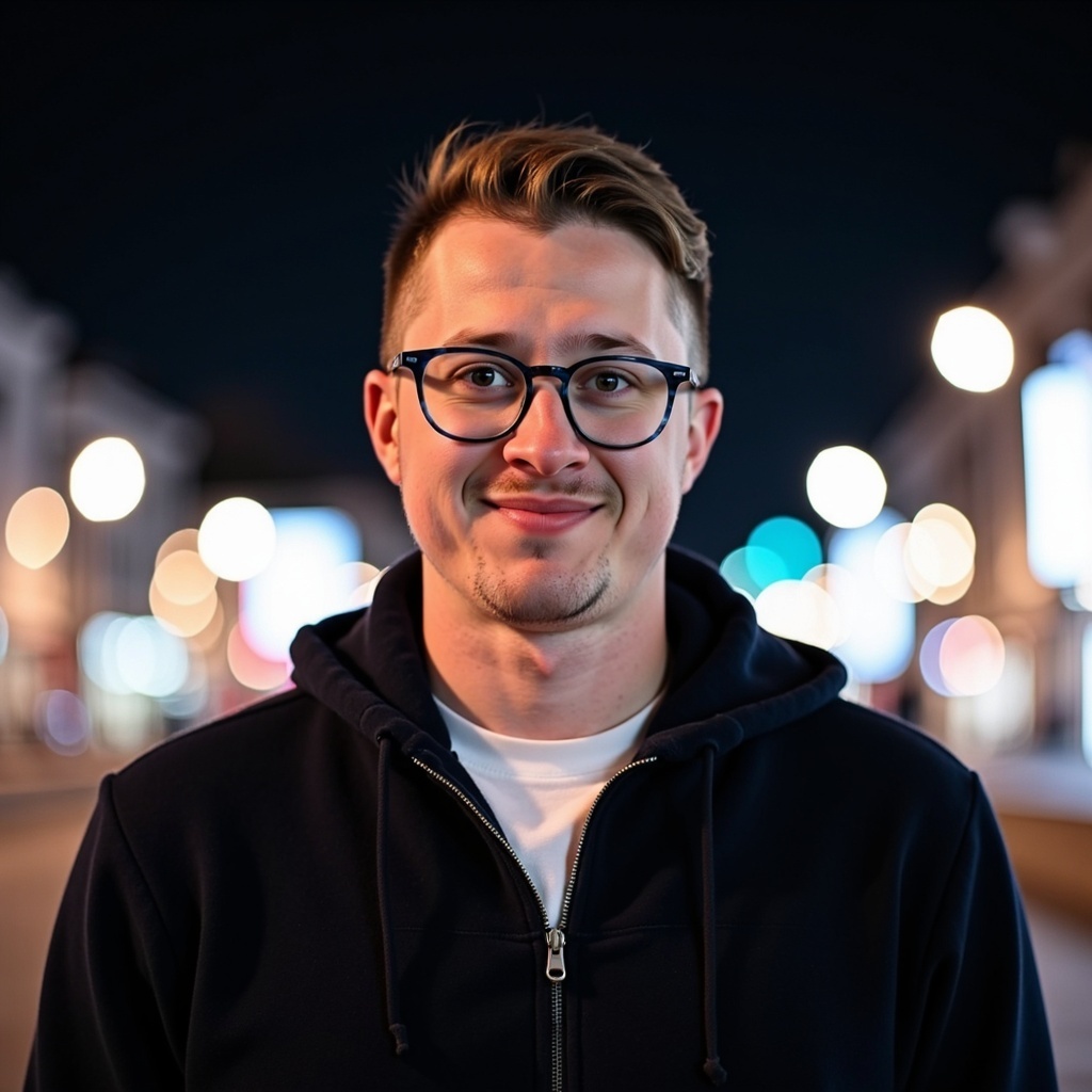 Casual outdoor photo of Dr Connor Robertson smiling in night light