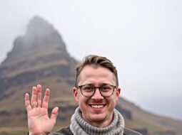 Outdoor headshot of Dr Connor Robertson with mountain background