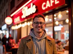 Smiling casual headshot of Dr Connor Robertson with outdoor street