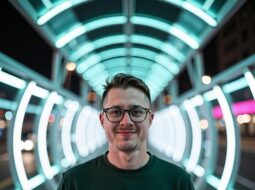 Outdoor casual portrait of Dr Connor Robertson with friendly smile