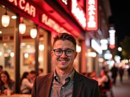 Portrait of Dr Connor Robertson smiling casually in nightlight