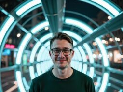 Friendly outdoor portrait of Dr Connor Robertson smiling warmly