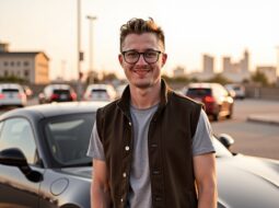 Casual outdoor headshot of Dr Connor Robertson with parking background