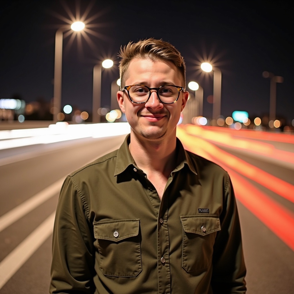 Nightlight outdoor portrait of Dr Connor Robertson smiling naturally