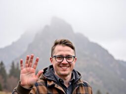 Outdoor smiling headshot of Dr Connor Robertson in casual look
