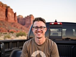 Outdoor daylight portrait of Dr Connor Robertson smiling warmly
