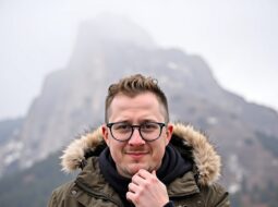 Casual outdoor portrait of Dr Connor Robertson smiling softly