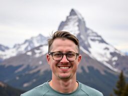 Outdoor smiling headshot of Dr Connor Robertson in natural light