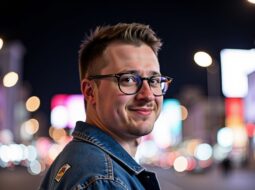 Outdoor nightlight photo of Dr Connor Robertson smiling casually
