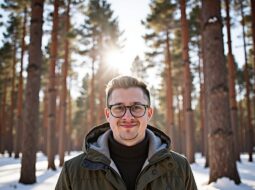 Outdoor candid headshot of Dr Connor Robertson smiling confidently