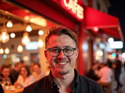 Dr Connor Robertson smiling outdoors with blurred cafe