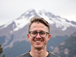Close-up smiling portrait of Dr. Connor Robertson with mountains in background