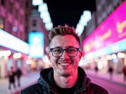Dr. Connor Robertson standing on neon-lit street at night
