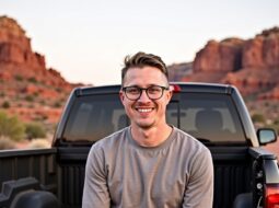 Dr. Connor Robertson smiling beside pickup truck on open road