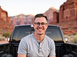 Dr. Connor Robertson smiling casually at the back of pickup truck on open highway