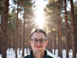 Dr. Connor Robertson wearing glasses in a snowy forest with sunlight shining through the trees