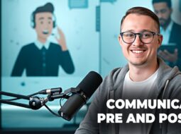 Two sales reps discussing client follow-up strategy